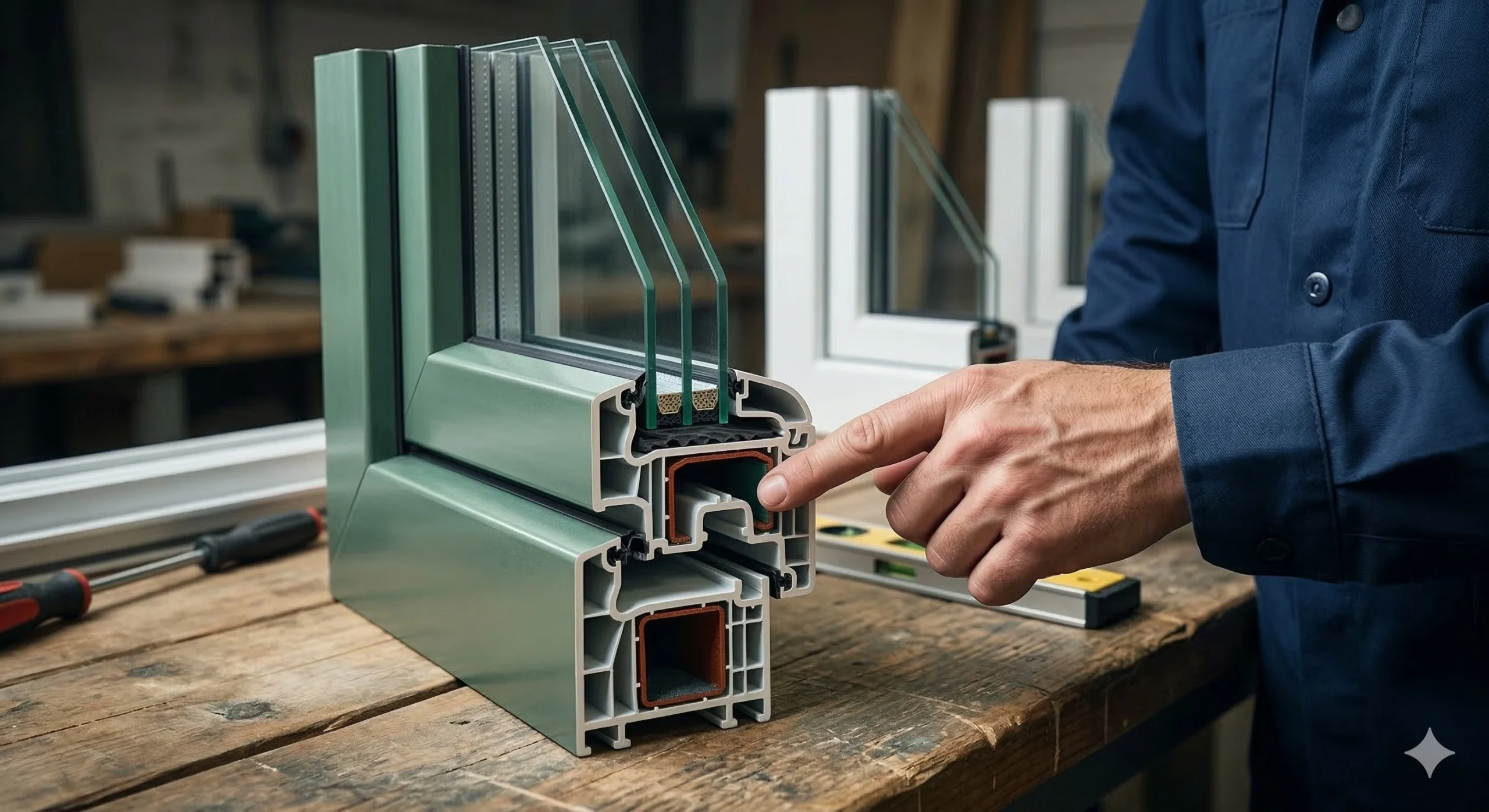 Detailed cross-section of a triple-glazed green window profile, designed specifically to avoid typical window performance problems.
