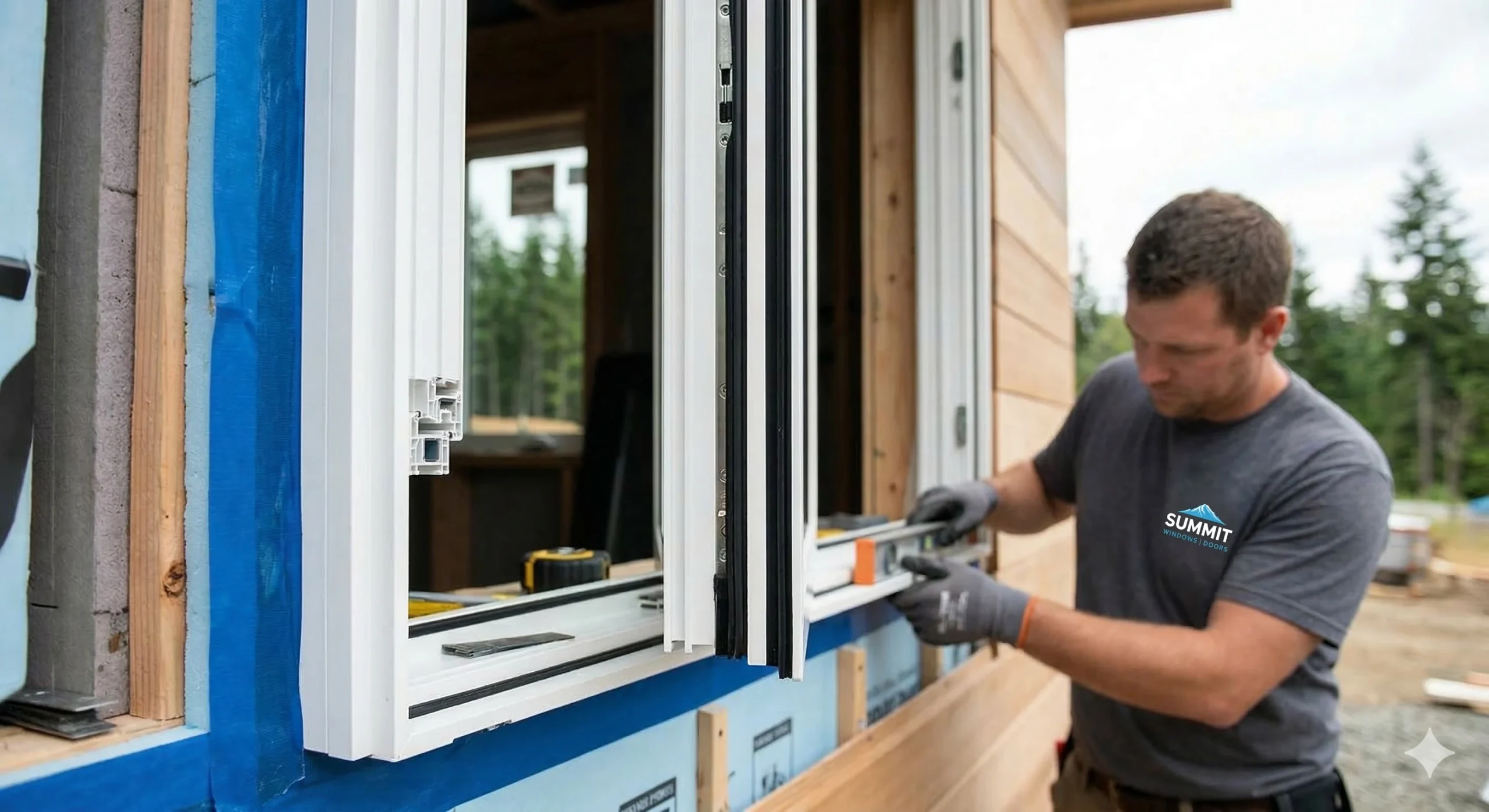 Installer ensures perfect alignment for this performance-driven window during its installation on a job site.
