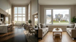 Grand mansion interior next to a modest living room both featuring the same basic Luxury home windows.