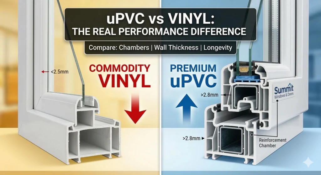 Detailed cross-sections comparing uPVC vs Vinyl window profiles and performance metrics.